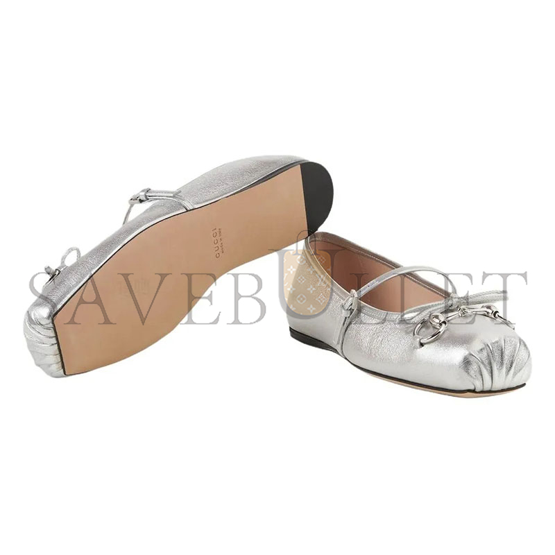 GUCCI WOMEN'S GUCCI HORSEBIT BALLET FLAT IN SILVER LEATHER ‎814413